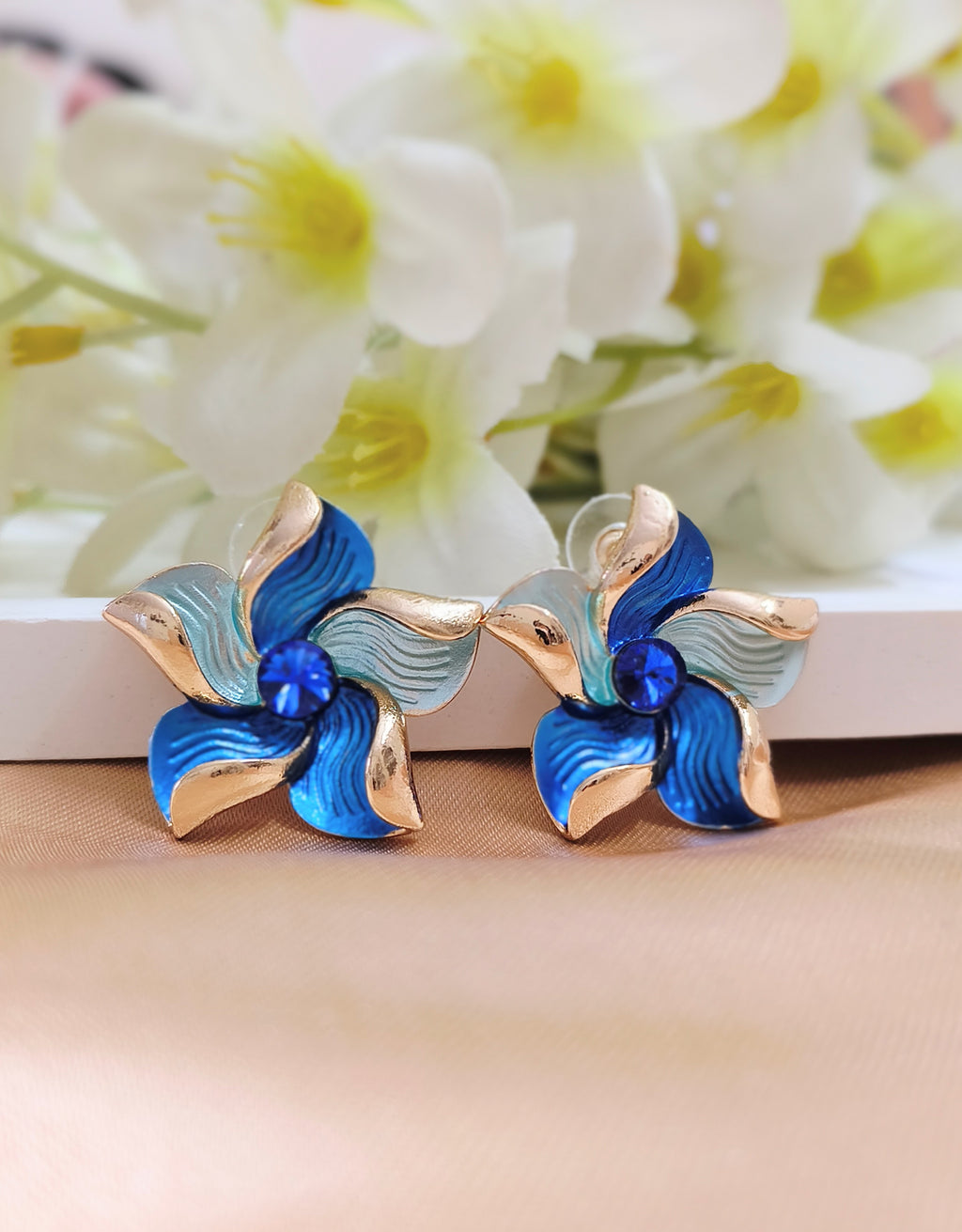 Blue Enamel Flower Studs