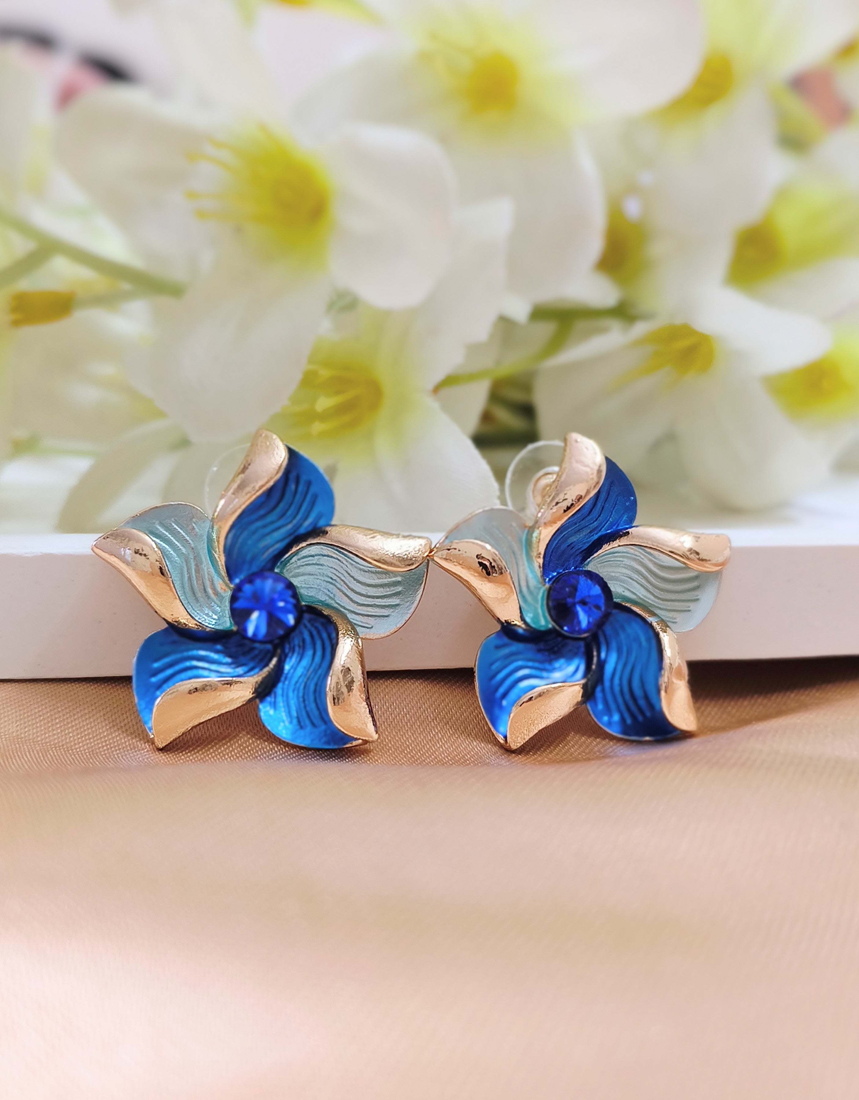 Blue Enamel Flower Studs