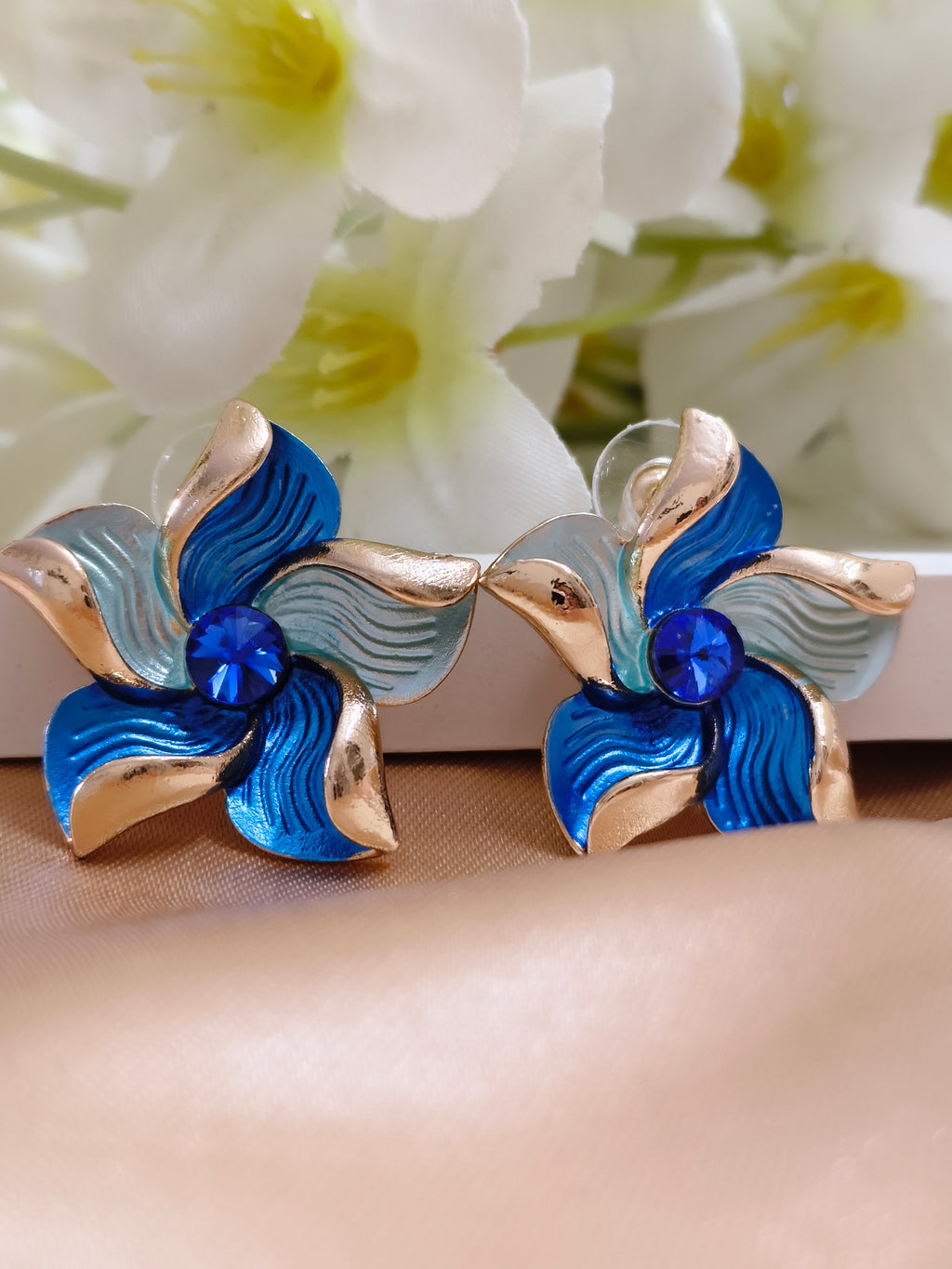 Blue Enamel Flower Studs