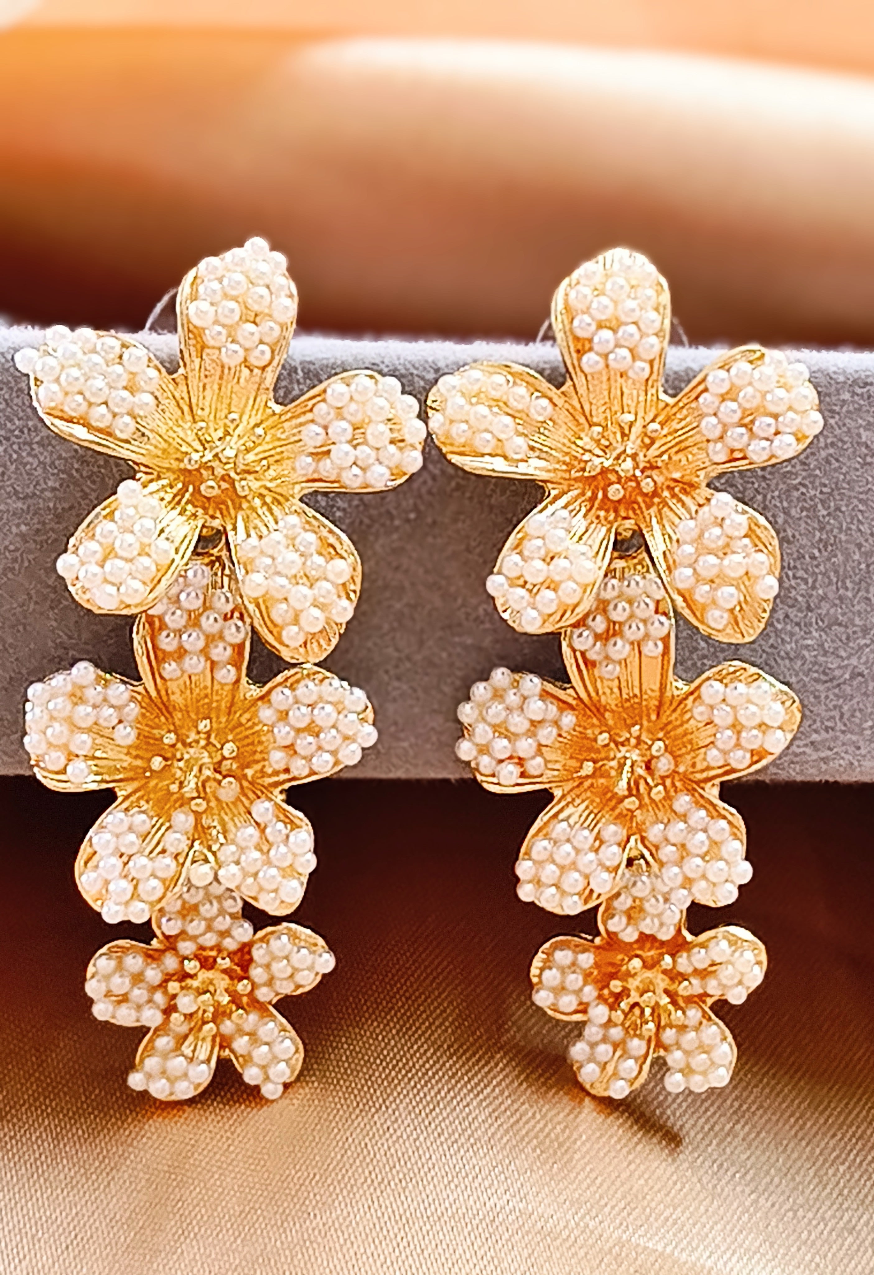 Triple Flower Gold Plated Dangle Earrings