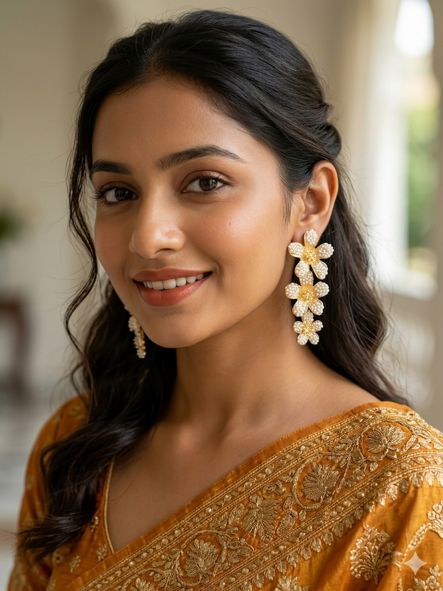 Triple Flower Gold Plated Dangle Earrings